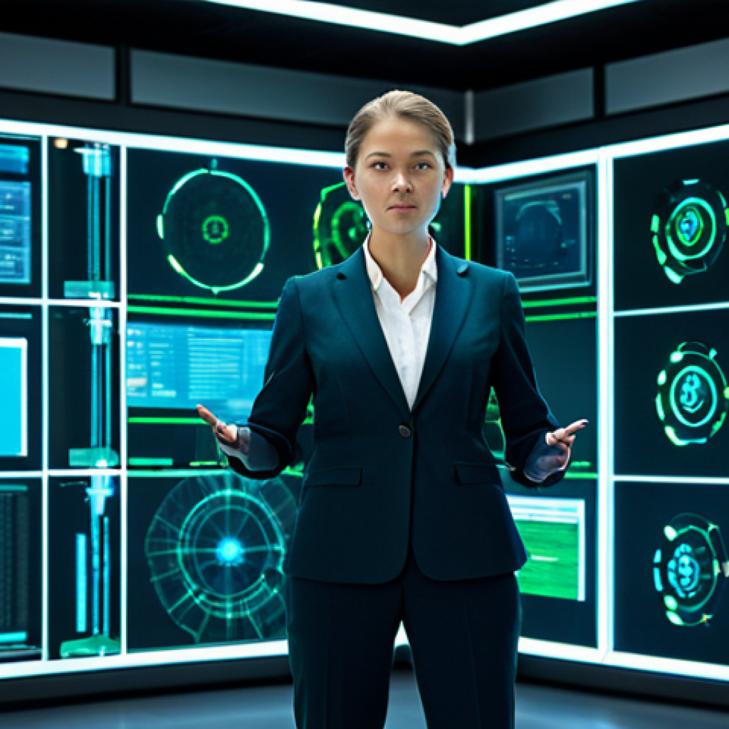 A professional female cybersecurity expert in a modest business suit, fully clothed, appropriate attire, observing a large, holographic display showcasing secure, encrypted data streams and robust network defenses within a high-tech, futuristic control room. The expert is standing in a natural pose, with perfect anatomy, correct proportions, well-formed hands, proper finger count, and natural body proportions. The environment is illuminated by soft blue and green lights from the screens, emphasizing a secure and technologically advanced atmosphere. Professional photography, high detail, high quality, safe for work, appropriate content, professional, family-friendly.