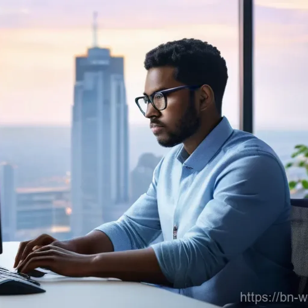 웹개발자 AI 연계 기술 - **Prompt:** A diverse web developer, wearing smart-casual clothing, sits comfortably at a modern, er...