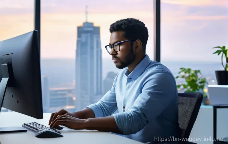 웹개발자 AI 연계 기술 - **Prompt:** A diverse web developer, wearing smart-casual clothing, sits comfortably at a modern, er...