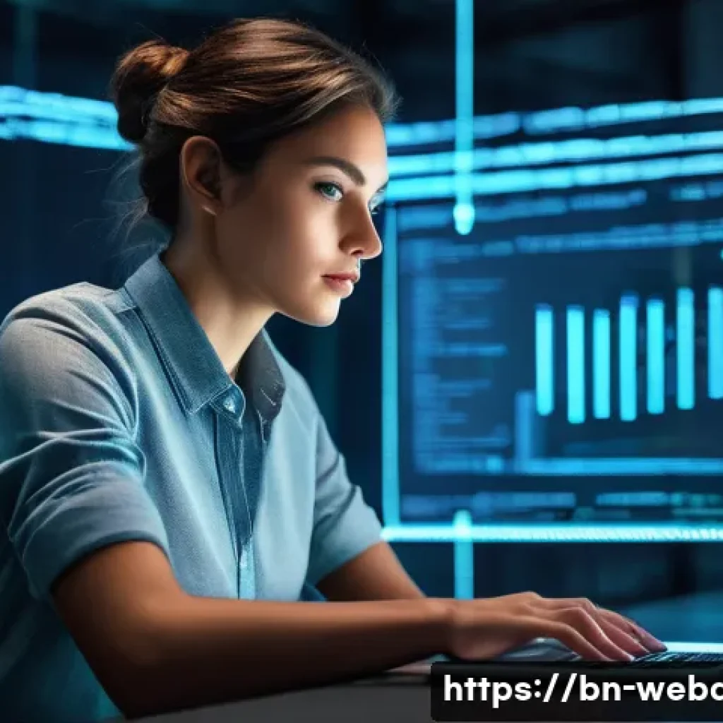 웹개발자 웹 보안 학습 - A focused software developer, either male or female, dressed in smart-casual attire, sitting at a de...