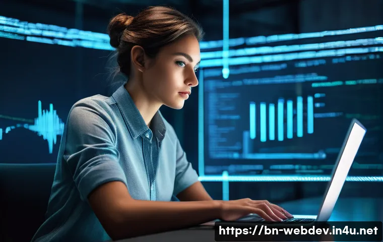 웹개발자 웹 보안 학습 - A focused software developer, either male or female, dressed in smart-casual attire, sitting at a de...