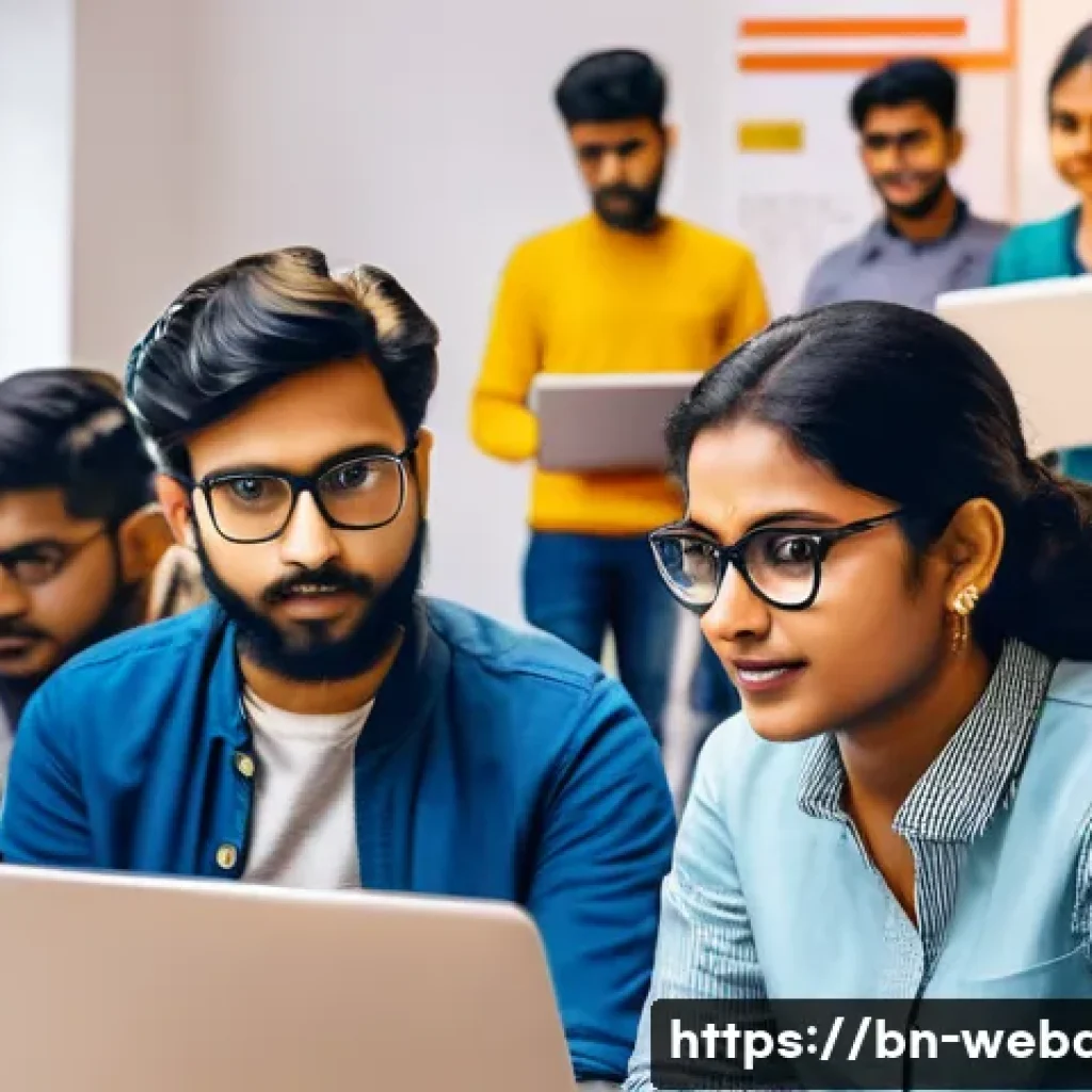 웹개발자 개발자 커뮤니티 활동 - A vibrant scene of a diverse group of Bengali web developers engaged in a local meetup event, exchan...