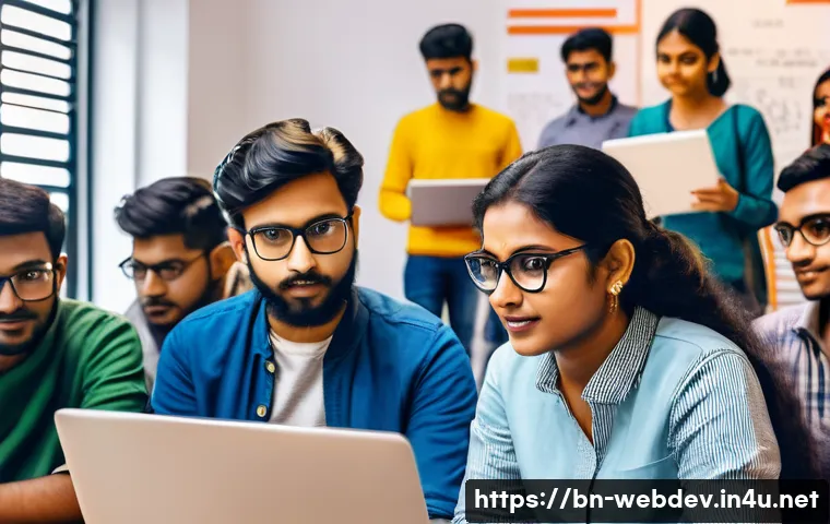 웹개발자 개발자 커뮤니티 활동 - A vibrant scene of a diverse group of Bengali web developers engaged in a local meetup event, exchan...