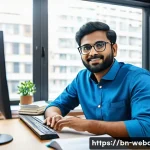 Home 22 웹개발자 코드 작성 습관 - A professional Bengali software developer sitting at a modern desk with multiple monitors displaying...