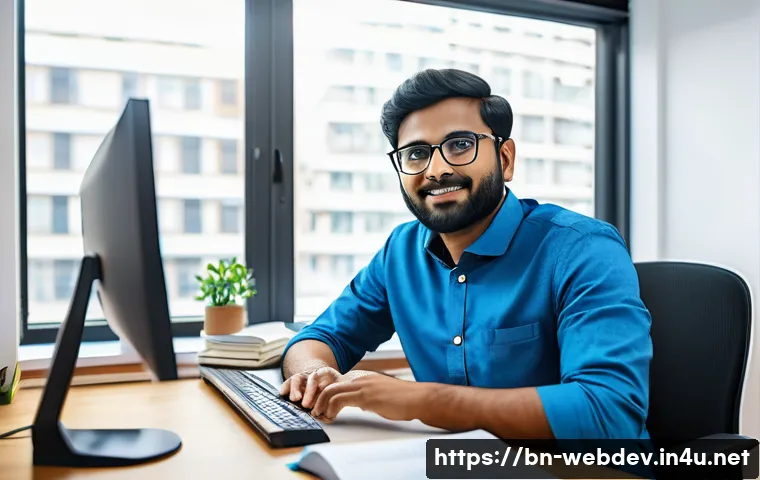 웹개발자 코드 작성 습관 - A professional Bengali software developer sitting at a modern desk with multiple monitors displaying...