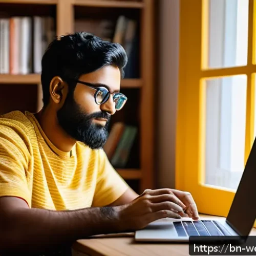 Home 33 웹개발자 리모트 워크 - A focused Bengali remote worker sitting at a neatly organized desk in a quiet corner of a home, wear...