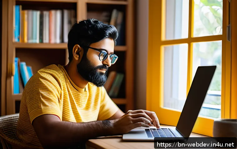 웹개발자 리모트 워크 - A focused Bengali remote worker sitting at a neatly organized desk in a quiet corner of a home, wear...