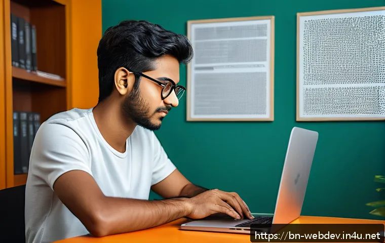 웹개발자 개발자 포지션 - A detailed digital illustration of a young Bengali web developer at a modern desk setup, attentively...