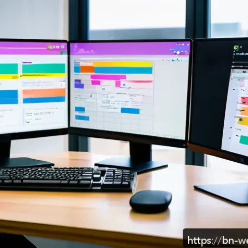 Home 30 웹개발자 주간 업무 기록 - A modern web developer workspace featuring a large curved monitor displaying React component-based U...