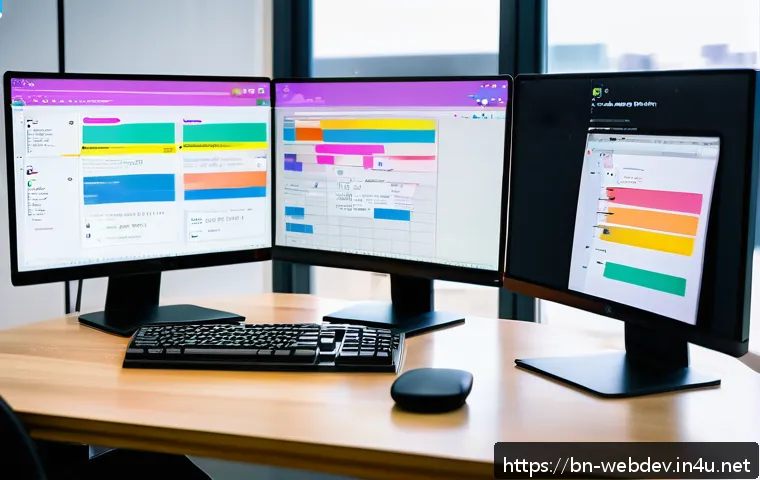 웹개발자 주간 업무 기록 - A modern web developer workspace featuring a large curved monitor displaying React component-based U...