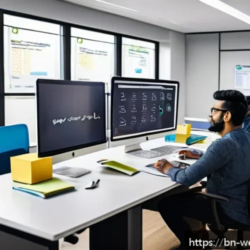 Home 17 웹개발자 애자일 개발 - A modern agile web development team collaborating in a bright, open office space filled with compute...
