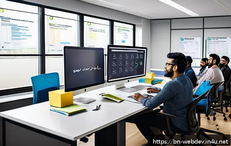 웹개발자 애자일 개발 - A modern agile web development team collaborating in a bright, open office space filled with compute...