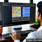 웹개발자 프론트엔드 기술 - Photorealistic Bangladeshi frontend developer working at a modern desk in Dhaka, viewed over the sho...