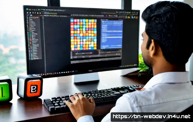 웹개발자 프론트엔드 기술 - Photorealistic Bangladeshi frontend developer working at a modern desk in Dhaka, viewed over the sho...