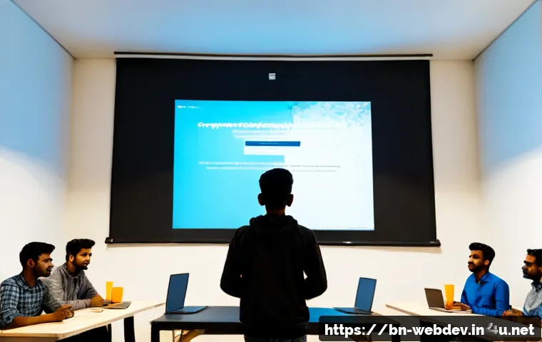 웹개발자 대외 활동 - Photorealistic young Bangladeshi web developer speaking at a community technology meetup, standing b...