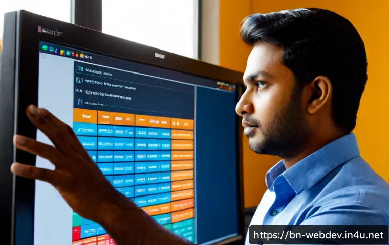 Home 17 웹개발자 코드 품질 관리 - Photorealistic Bangladeshi web developer carefully reviewing a clean software dashboard on a large m...